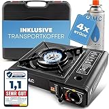 Z.M.C Gaskocher 1-flammig inkl. Adapter für LPG + Aufbewahrungskoffer + 4...
