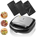 OZAVO Sandwichmaker 3 in 1, Waffeln, Paninitoaster, 3 abnehmbare Grillplatten,...