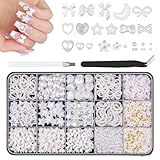 Goiern 3D Nagel Charms für Nagel Design Set, Weiße Nagel Schleifen Diverse Perlen Herz...