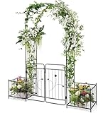FANTASK Rosenbogen mit Tür, Gartenbogen Metall, Torbogen mit 2 Pflanzgefäßen, Rankbogen...