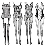 Damen Fischnetz Bodys Dessous Nachtwäsche Spitze Strümpfe Blumen für...