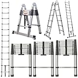 Teleskopleiter 5m Klappleiter Edelstahl Leiter, 2 in 1 Angegeleiter mit Stabilisator,...
