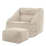 Icon Morgan Sitzsack Sessel mit Hocker für Erwachsene, Beige, Flauschiger Cord Stoff,...