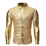 Caxndycing Pailletten Hemd Herren Langärmelig Disco Party Oberteile Gold Silver Glitzer...