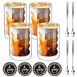 4er Set Latte Macchiato GläSer, 350ML Doppelwandige GläSer mit 4 Löffeln und 4...