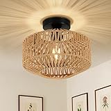 Rayofly Rattan Deckenlampe Hängend, Boho Deckenleuchte mit Rattan Lampenschirm, Vintage...