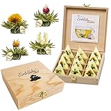 Creano Teelini Teeblumen im Tassenformat, Geschenkset in Teekiste aus Holz, 12...