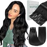 GUDOZO Clip in Extensions Echthaar 7pcs 35cm Natürliches Schwarz Invisible Clip...