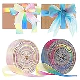 2 Stück Organza Bänder, Regenboge Deko Schleifenband, Schimmer Sheer Seidenband,...