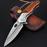 KOMWERO Damast Taschenmesser Klappmesser mit Damaststahl Klinge, Holzgriff, Flipper,...