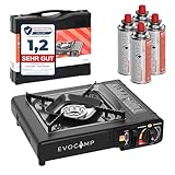 EVOCAMP Gaskocher 1-flammig mit Gaskartuschen 227g 4 Stück MSF-1a, Camping Herd mit...
