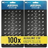 ABSINA 100er Pack Alkaline Knopfzellen Sortiment - 20x AG1 / 30x AG1 / 20x AG4 / 20x AG10...