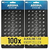 ABSINA 100er Pack Alkaline Knopfzellen Sortiment - 20x AG1 / 30x AG3 / 20x AG4 /...