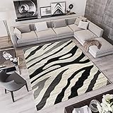 TAPISO Qmega Teppich Kurzflor Meliert Grau Creme Schwarz Zebra Streifen Muster...