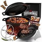 GUSSKÖNIG Dutch Oven - 2in1 Eingebrannter Gusseisen Topf 4,8L & Gusspfanne 1,8L...