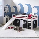 Homestyle4u 1542, Kinderbett Hochbett 90x200 mit Treppe Rutsche Vorhang Pirat...