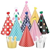 11 Stück Partyhüte Set - Bunte Kegel Hüte Zum Geburtstag - 9 Mit Pompoms Und 2 Kronen -...