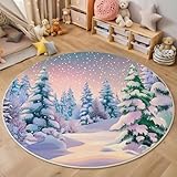 MLSOWM Kurzflor Runder Teppich 200cm Tannen Und Schneeflocken rutschfest Teppiche...