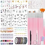 53 Blätter Nagelsticker, Nail Art Pinsel und Dekorationen Set, 15 PCS Pinsel, 5...