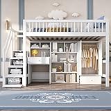 FEZTOY Kinderbett Hochbett mit Schreibtisch, Treppe und Kleiderschrank, Etagenbett...