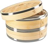 KYONANO Dampfgarer Bambus, 2 Etagen Bambusdämpfer 24cm mit Deckel + 2 Baumwolltücher,...