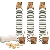 COFFISANO Set mit 150 Kaffeebechern 75 ml aus braunem Papier + 150 Holzstäbchen;...