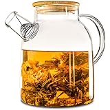 Teekanne Glas 1,5 Liter mit Deckel aus Bambus - Filter im Auslauf - Für heiße und kalte...
