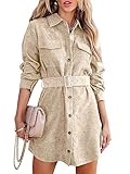 Uusollecy Blusenkleid Damen Corduroy Langarm Hemdkleid mit Gürtel, Minilänge...