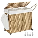 SONGMICS Wäschekorb mit Deckel, 160 L, Wäschesammler 3 Fächer, Wäschesortierer mit...