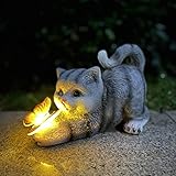 Katzenfigur Garten Deko Katze Gartendeko Schmetterlinge Solarlampen für Außen...