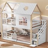 FEZTOY Kinderbett Etagenbett 90 x 200, Hausbett für 2 Kinder, Hochbett mit Lattenrost,...