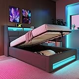 KUAKE Polsterbett 90x200 cm, Einzelbett mit Stauraum und Lattenrost, LED...