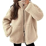 IQYU Fleecejacke Damen Weiß Warm Teddyjacke Warme Teddyfleece-Jacke Revers Kuscheljacke...