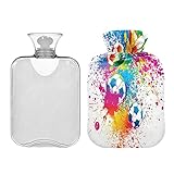 Kcldeci Wärmflasche mit Bezug, bunte Fußbälle, Fußball, Weiß, 2 l, Wärmbeutel für...