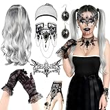 9 Pcs Halloween Damen Perücke -70cm Silbergrau Lange Locken Wig Set mit Gothic Halskette,...