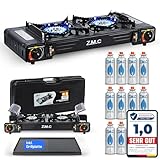 Z.M.C Premium Camping Gaskocher 2-flammig + Grillplatte + 12 Gaskartuschen 227g,...