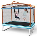 COSTWAY 3 in 1 Kindertrampolin, Gartentrampolin rechteckig mit Schaukel, Reckstange,...