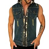 Poo4kark Herren Four Seasons Fashion Slim Ripped Camo Kapuzen-Jeansweste mit Clip Männer...