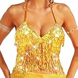 Evlry Pailletten-Tanztop, Neckholder-Top mit Goldener Quaste, glitzerndes Bra-Top,...