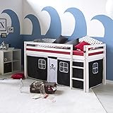Homestyle4u 1534, Kinderbett 90x200 Hochbett mit Treppe Vorhang Pirat Schwarz...
