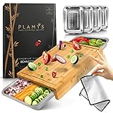 PLAMYS XXL Schneidebrett Set aus Bambus mit 4 großen Edelstahl Auffangschalen...