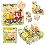 Bilderwürfel Holz,3D Würfelpuzzle Holz für Kinder, Puzzlespiele 6 in 1...