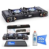 ZMC Camping Gaskocher 2-flammig mit 20x Gaskartuschen 227g und Grillplatte, 2,5...