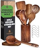 Holz Kochbesteck-Set mit Halter, Pfannenwender Kochlöffel Schöpfkelle...