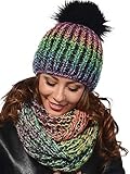 Damen Strickmütze & Loop mit großer Kombiset Kunstfell Bommel Strickset Beanie mit...