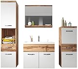Badezimmer Badmöbel Set Alba 60cm Waschbecken Eiche mit Weiß - Unterschrank Hochschrank...