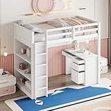 FEZTOY Hochbett mit Schreibtisch und Schrank, Kinderbett 90x200 cm - Tisch mit 4...
