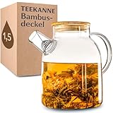 Cosumy Teekanne Glas 1,5 Liter mit Deckel aus Bambus - Filter im Auslauf - Für...