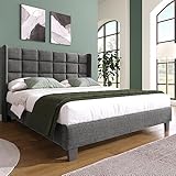 Polsterbetten 140x200 mit Lattenrost Rückenlehne，Hautfreundliche Leinenmaterial, Grau,...