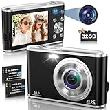 Digitalkamera, AutoFocus 4K Kompaktkamera Fotokamera mit Dual-Kamera mit 32GB...
